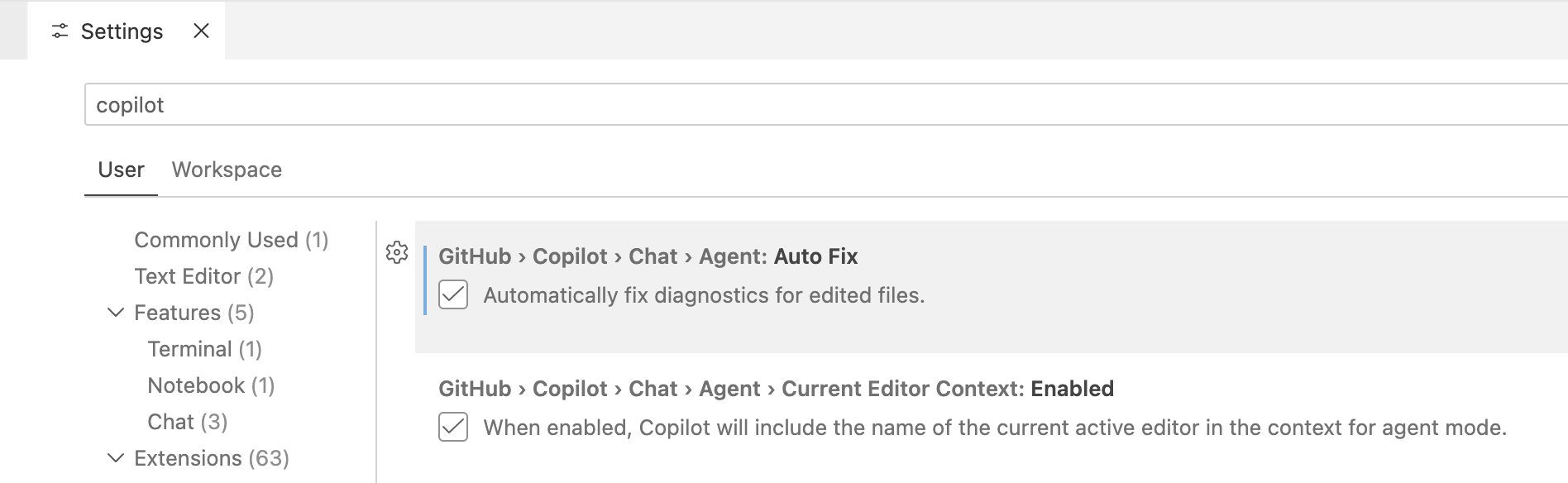VS Code settings interface showing GitHub Copilot configuration options under the Features section. Two checkboxes are visible and enabled: Auto Fix which automatically fixes diagnostics for edited files, and Current Editor Context which includes the name of the current active editor in the context for agent mode.